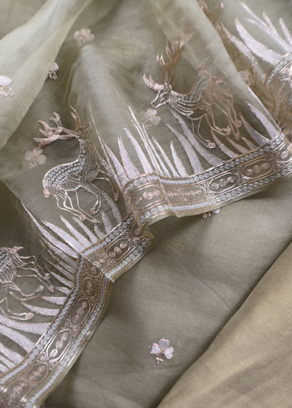 Luxe The Green Pure Kora Silk Suit With Gold And Silver Pitta Handwork