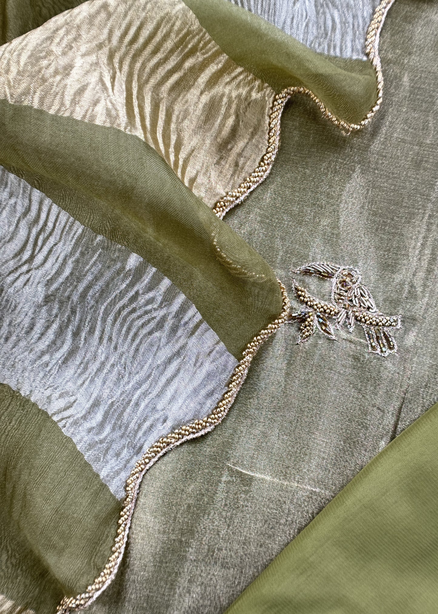 Gold purple Tissue silk Suit with Kingfisher Shikagarh Handwork