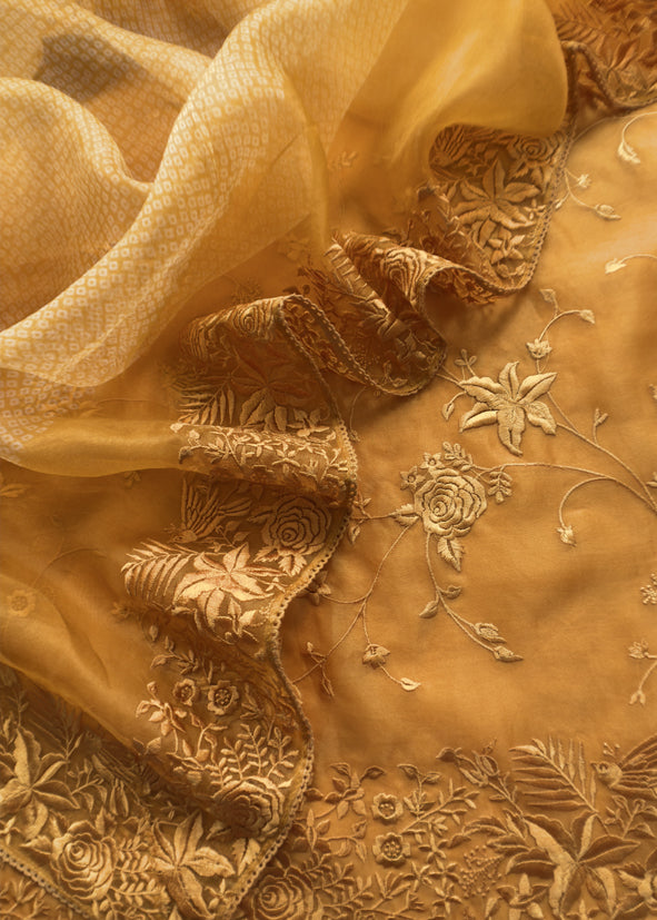 Yellow Embroidered Organza Silk Unstitched Suit With Bandhani Dupatta