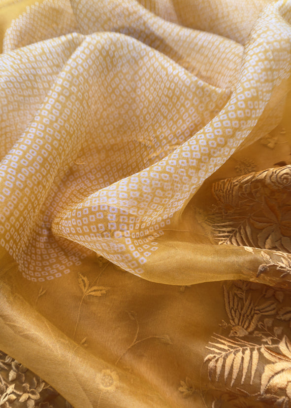Yellow Embroidered Organza Silk Unstitched Suit With Bandhani Dupatta
