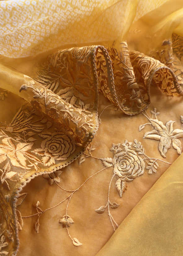 Yellow Embroidered Organza Silk Unstitched Suit With Bandhani Dupatta