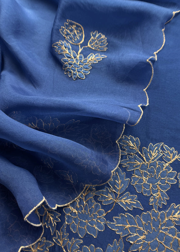 Royal Blue Handwoven Silk kurta And Kora Silk Dupatta With Pitta And Appliqué Work