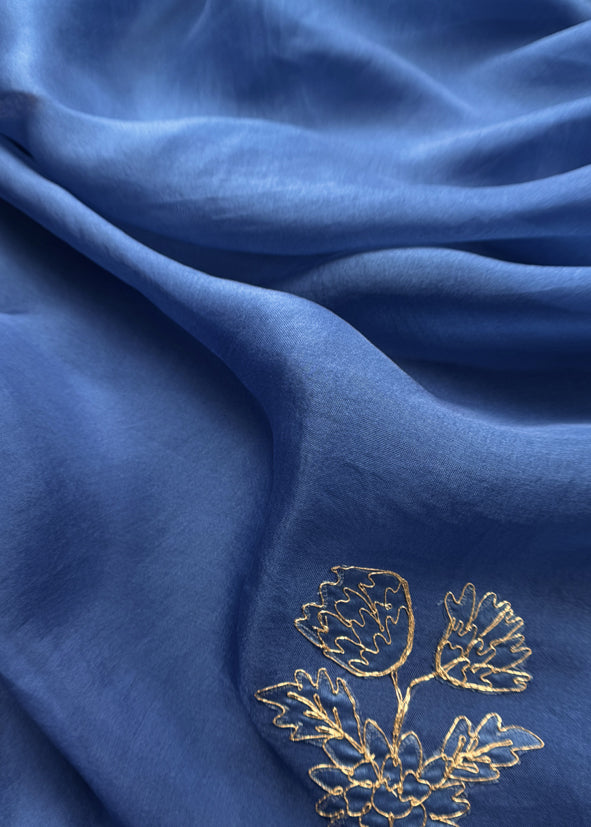 Royal Blue Handwoven Silk kurta And Kora Silk Dupatta With Pitta And Appliqué Work