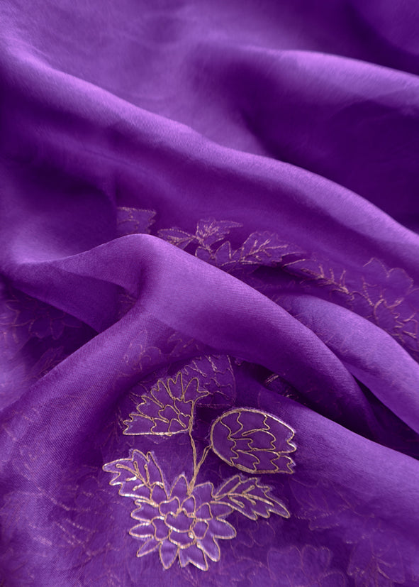 Royal Purple Handwoven Silk kurta And Kora Silk Dupatta With Pitta And Appliqué Work