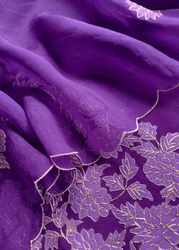 Royal Purple Handwoven Silk kurta And Kora Silk Dupatta With Pitta And Appliqué Work