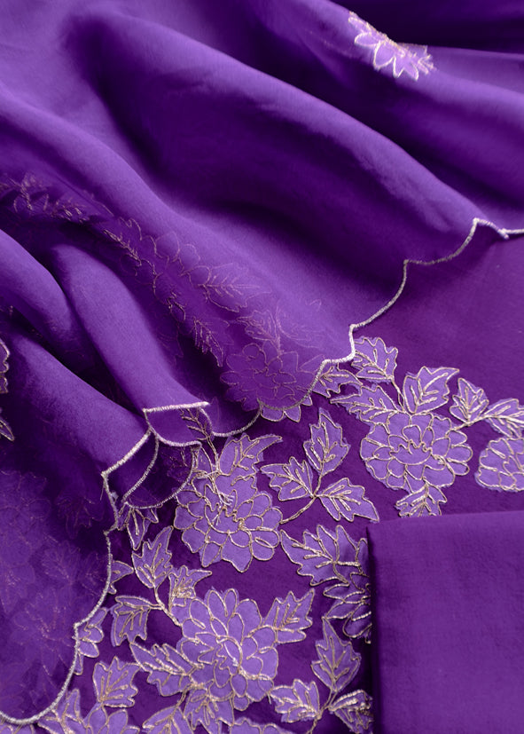 Royal Purple Handwoven Silk kurta And Kora Silk Dupatta With Pitta And Appliqué Work