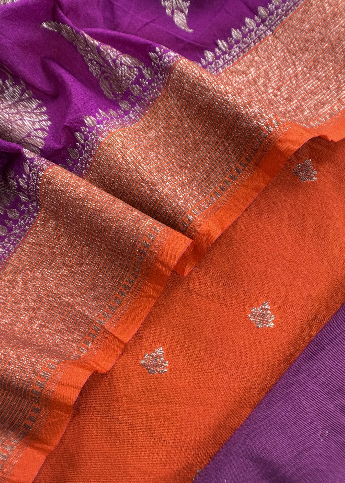 Orange And Purple Contrast Banarasi Silk Suit Fabric With Zari Weaving
