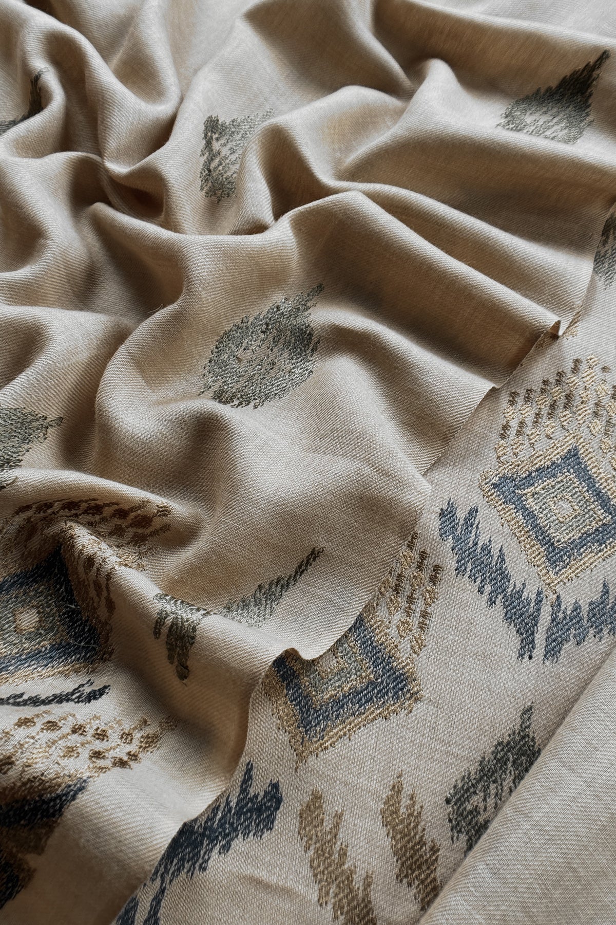 Light Beige Winters Pure Wool Unstitched Suit Fabric with Aari Embroidery