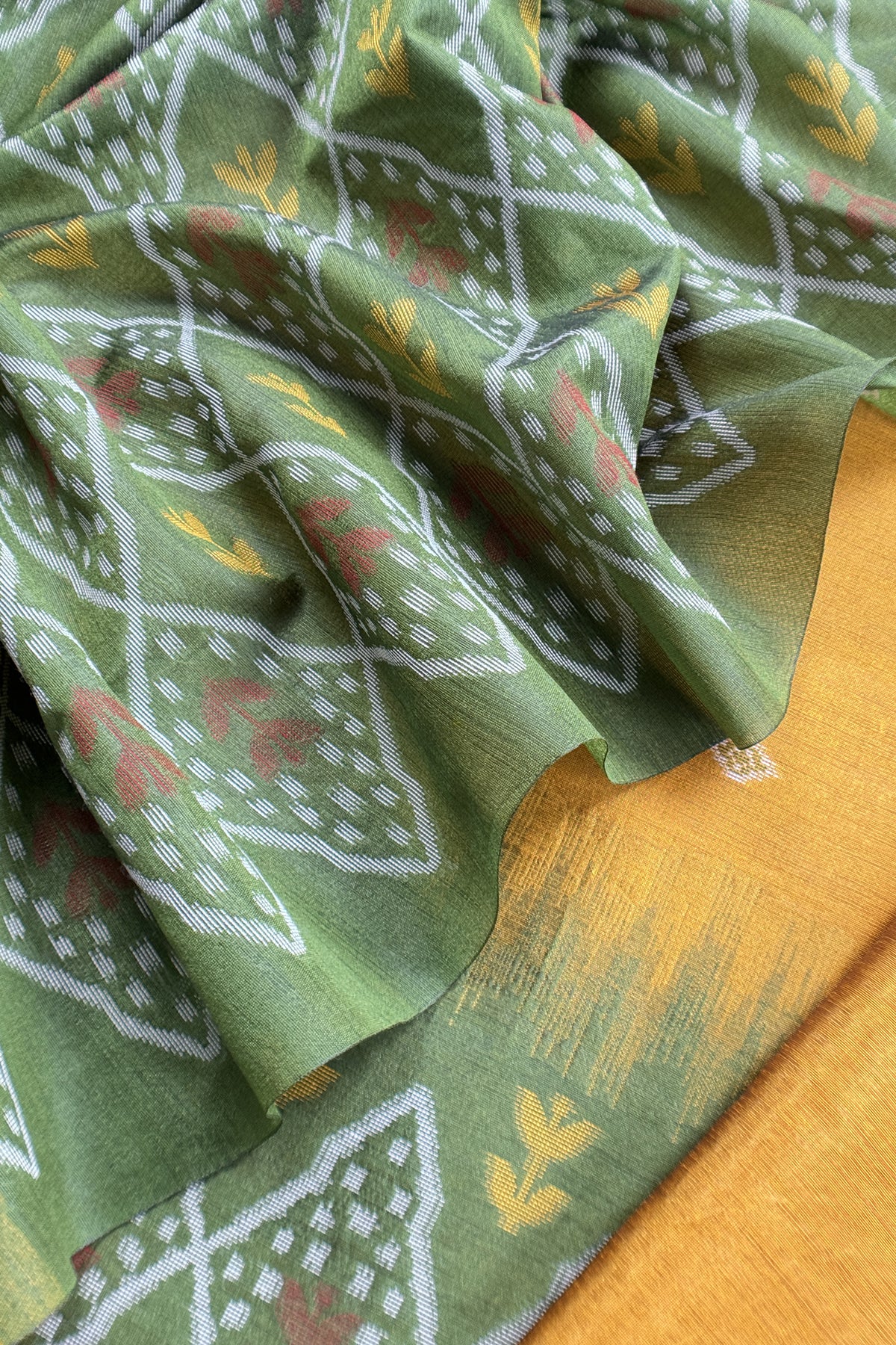 Yellow and Green Linen Chanderi Suit With Jamdani Ekkat Weaving