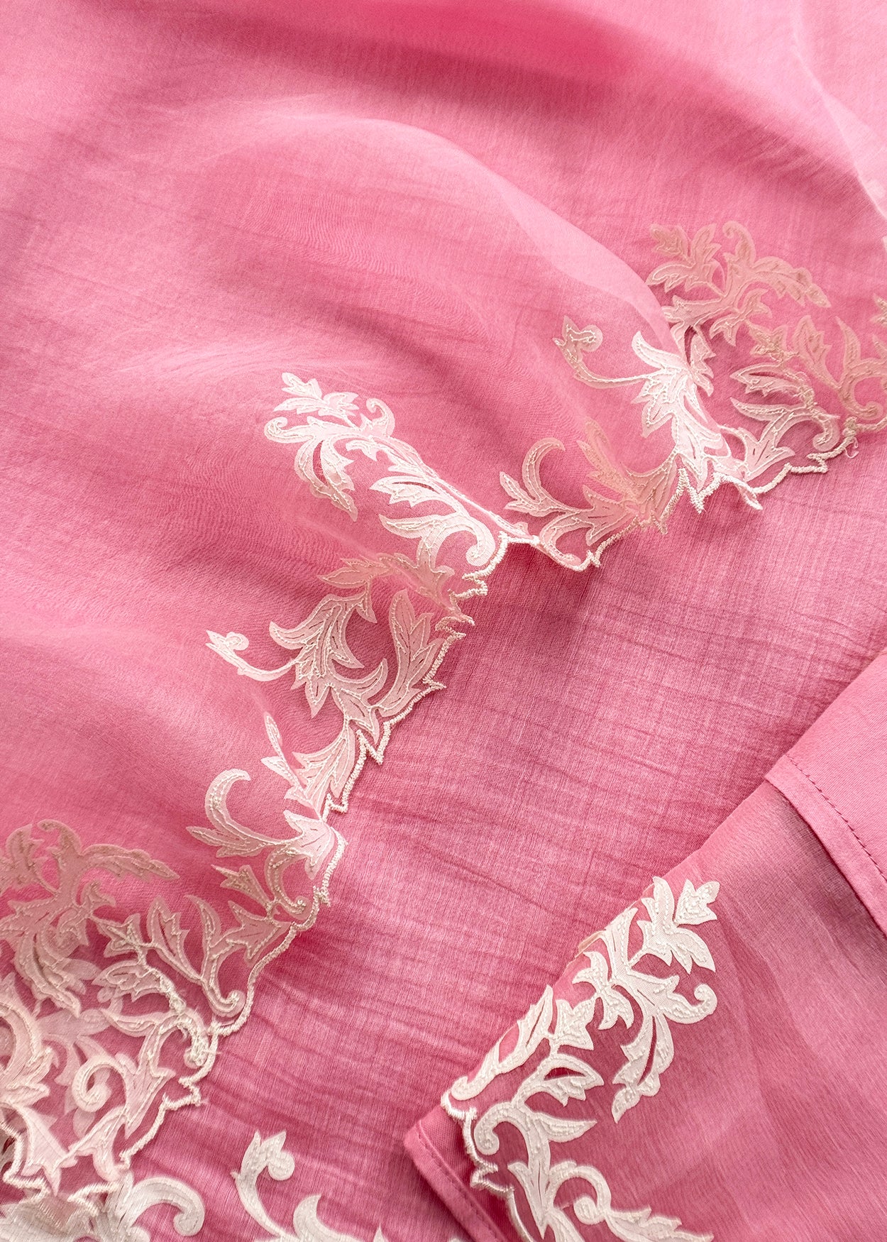Baby Pink Handloom Mulmul Kurta And Kora Silk Dupatta With Applique Handwork
