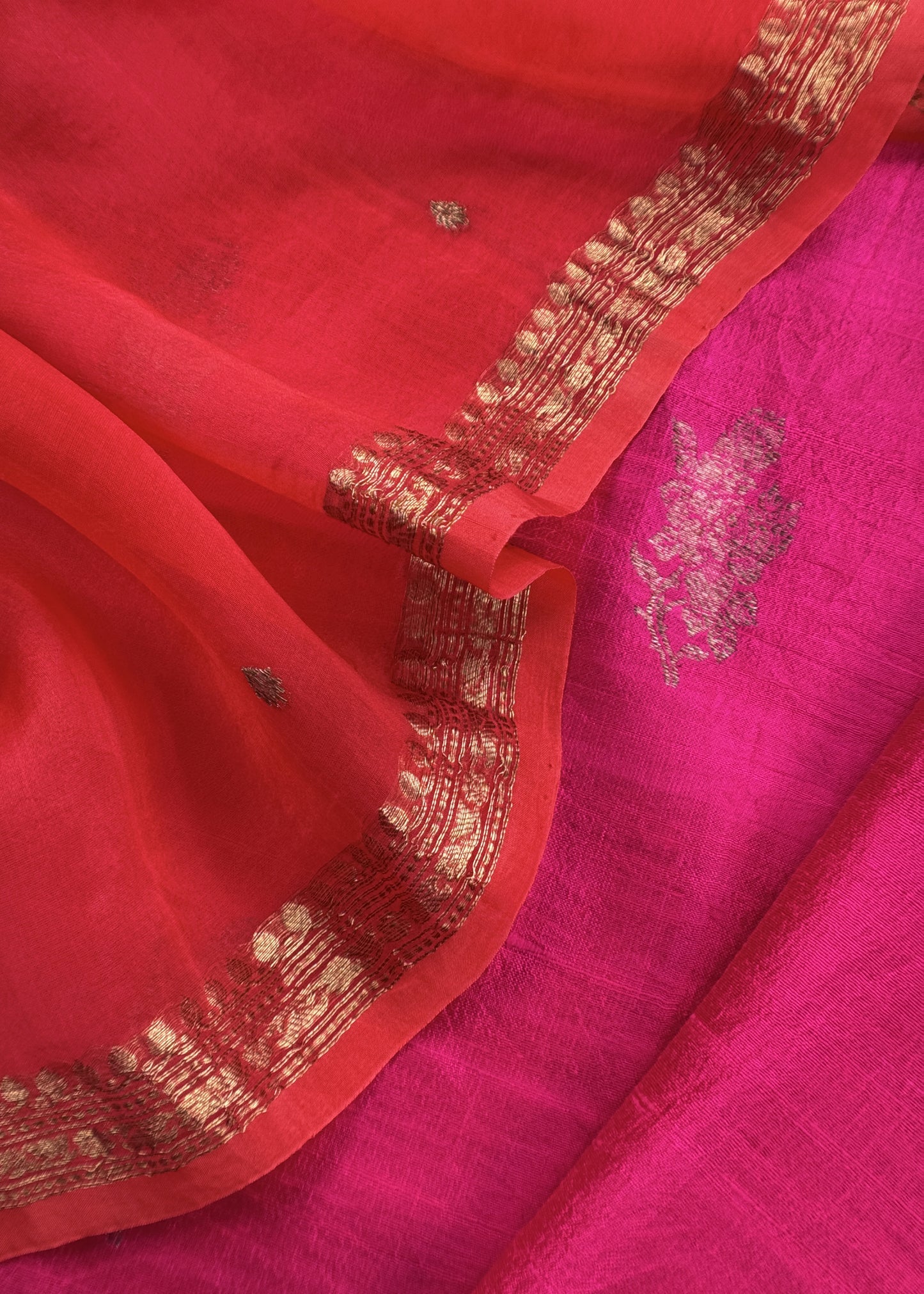 Pink And Red Handloom Raw Silk Suit With Kora Silk Dupatta