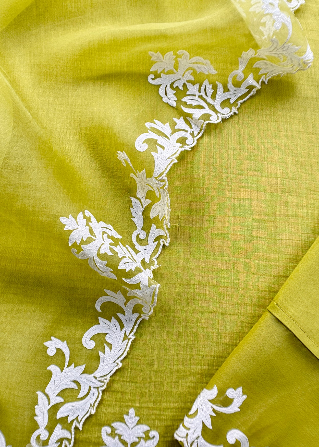 Citrus Green Handloom Mulmul Kurta And Kora Silk Dupatta With Applique Handwork