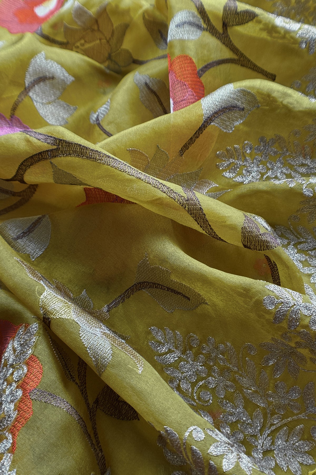 Lemon Yellow Handloom Kora Silk Suit With Thread Embroidery