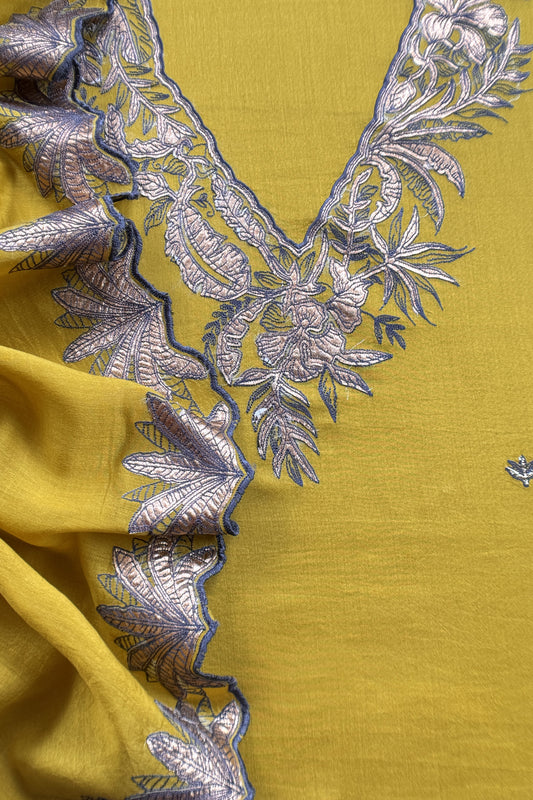 Lime Yellow Handloom Mulmul Unstitched Suit Fabric With Hand Gota Work