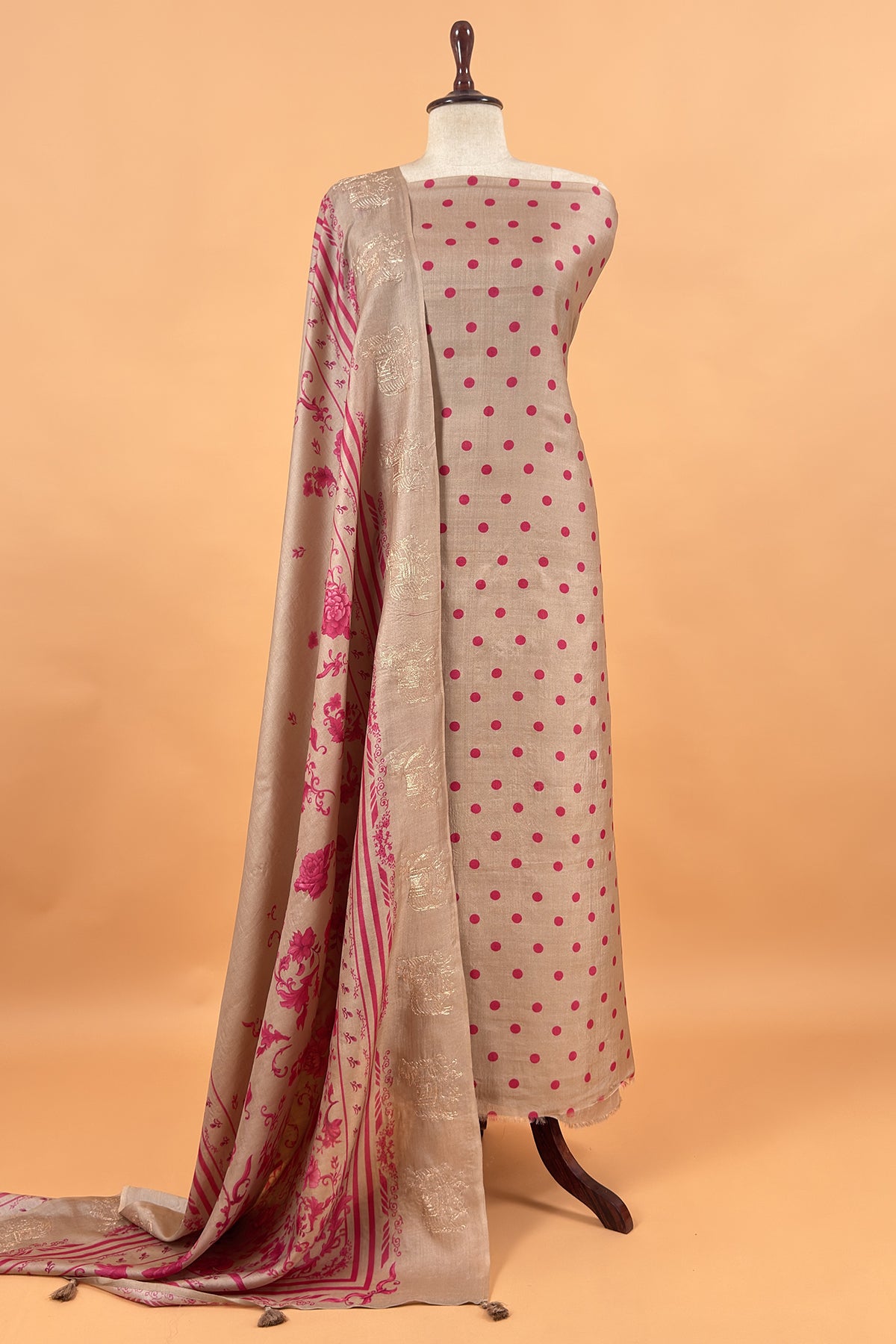 Coffee Brown And Pink Handloom Tussar Suit With Digital Print Dupatta