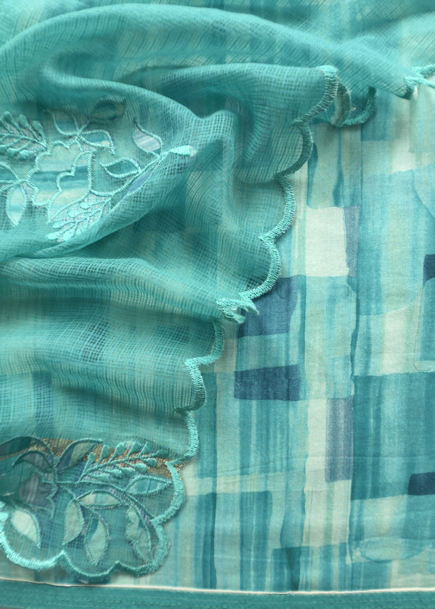 Blue Cotton Chanderi With Kota Doria Dupatta