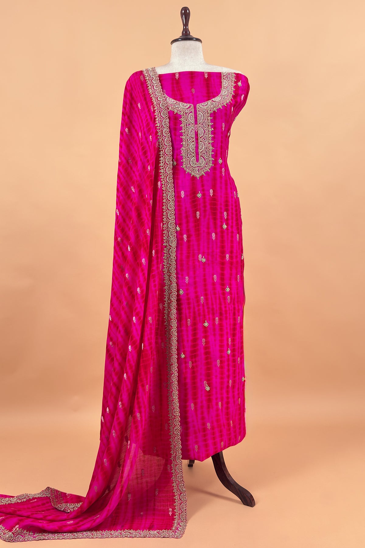 Rani Pink Pure Tie-Dye Silk Suit With Hand Work