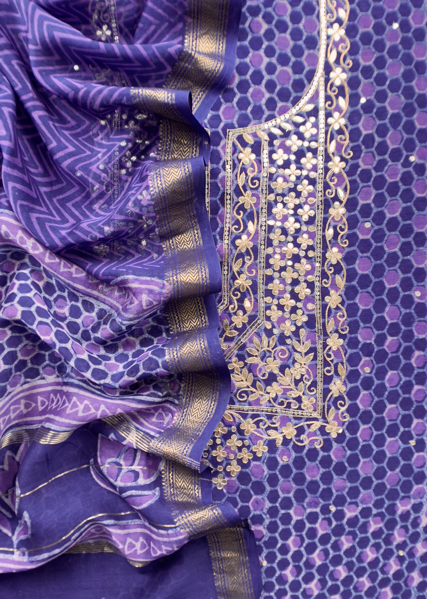 Violet Pure Maheshwari Suit Fabric With Akola Hand Block Print With Gota Patti Embroidery