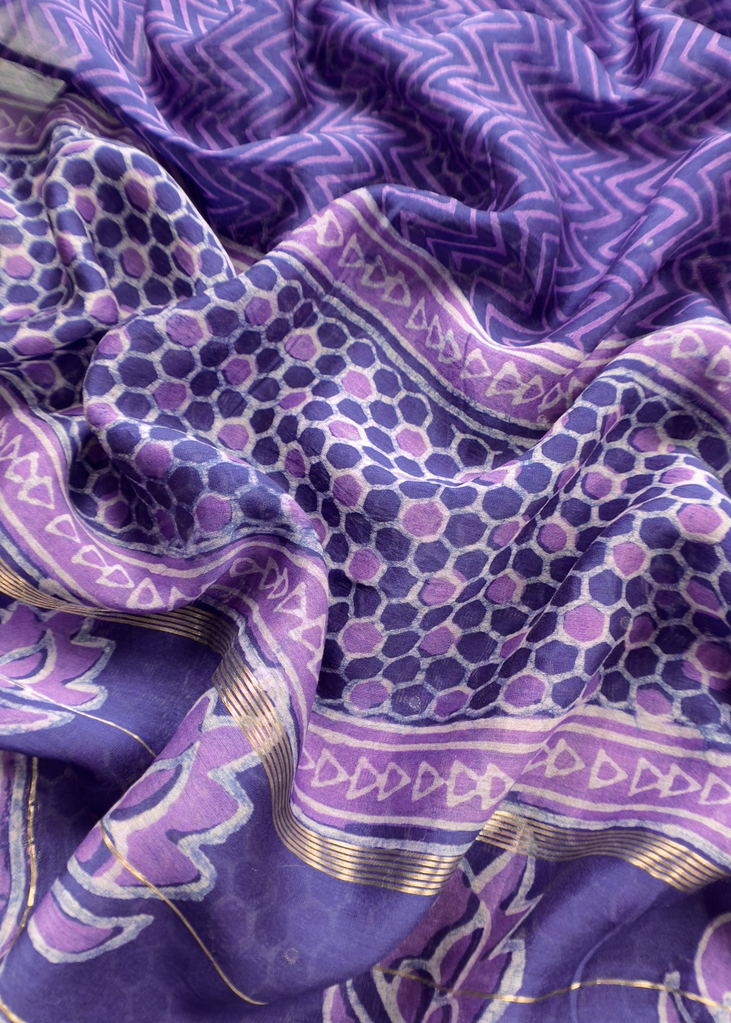 Violet Pure Maheshwari Suit Fabric With Akola Hand Block Print With Gota Patti Embroidery