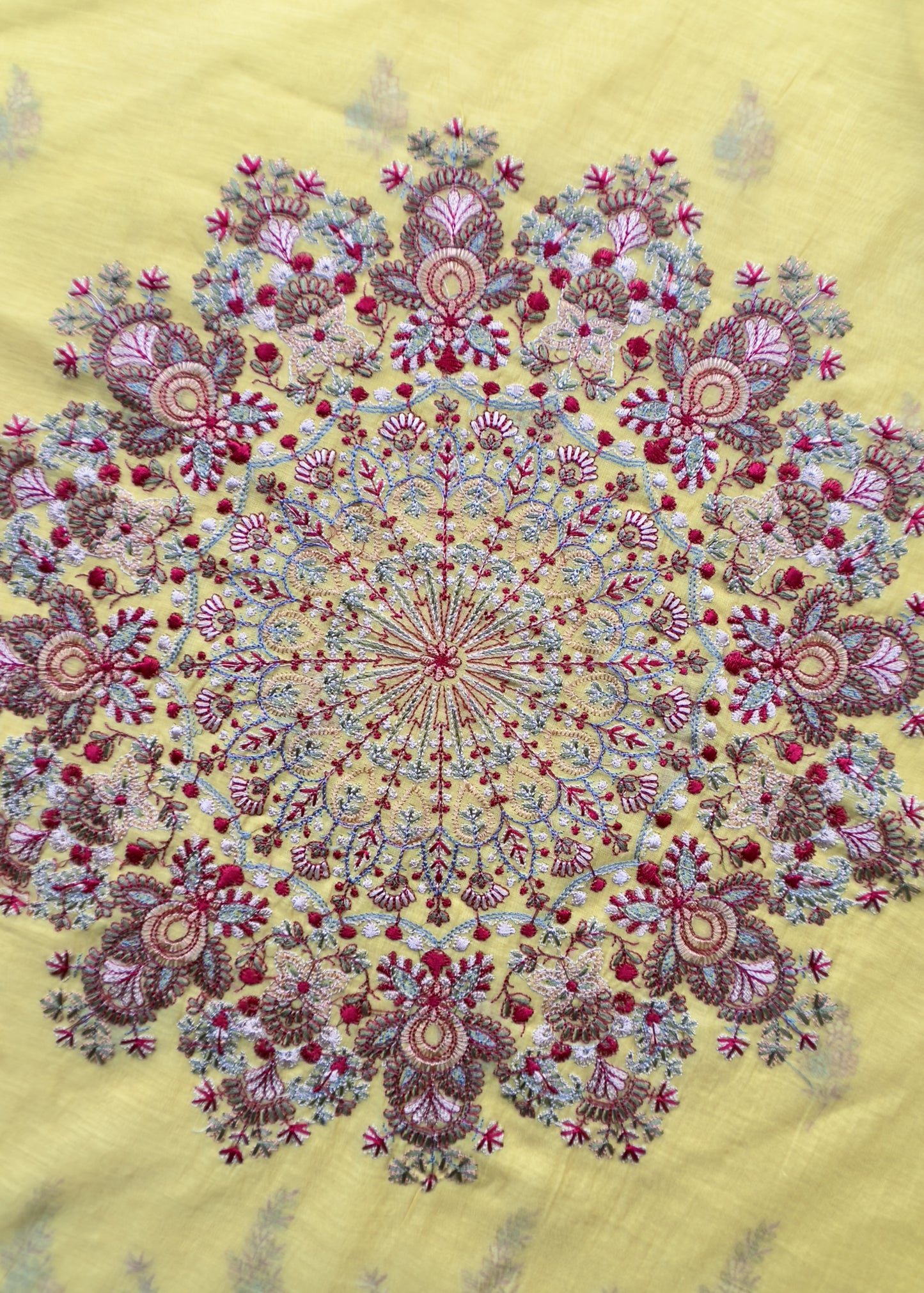 Banana Yellow Summer Special Mul Chanderi Suit With Kashmiri Embroidery