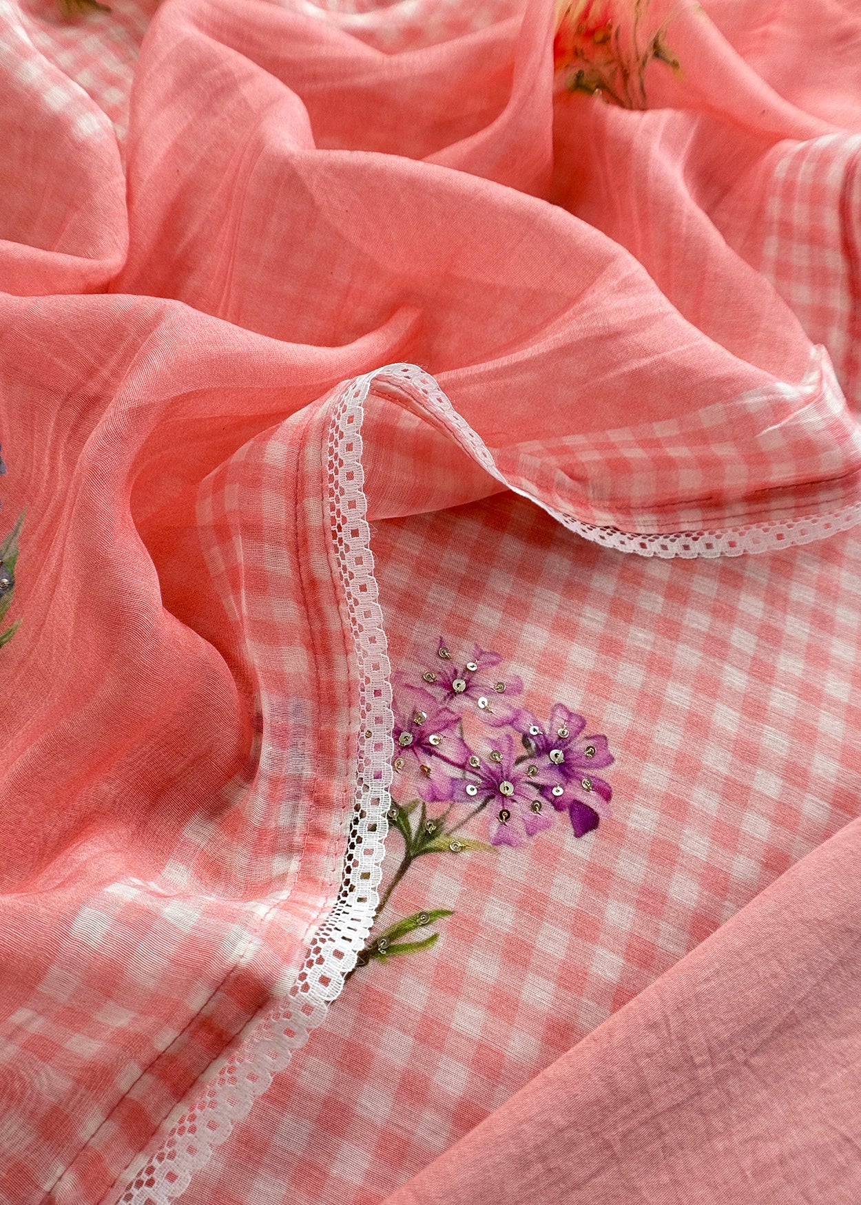 Pink Summers Cutest Pure Mul Suit Fabric In Ghingham Checks And Floral Print With Hand Work
