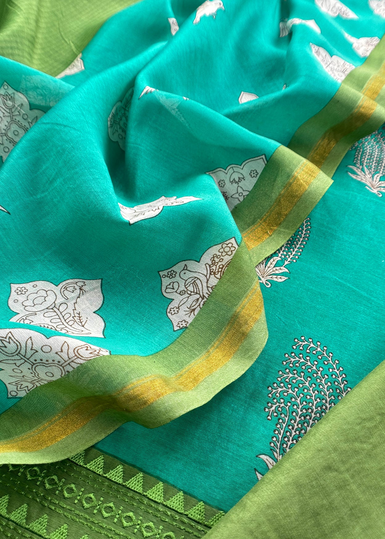 Turquoise Blue Blockprint Handloom Maheshwari Silk Suit Fabric With Self Resham Embroidered Panel