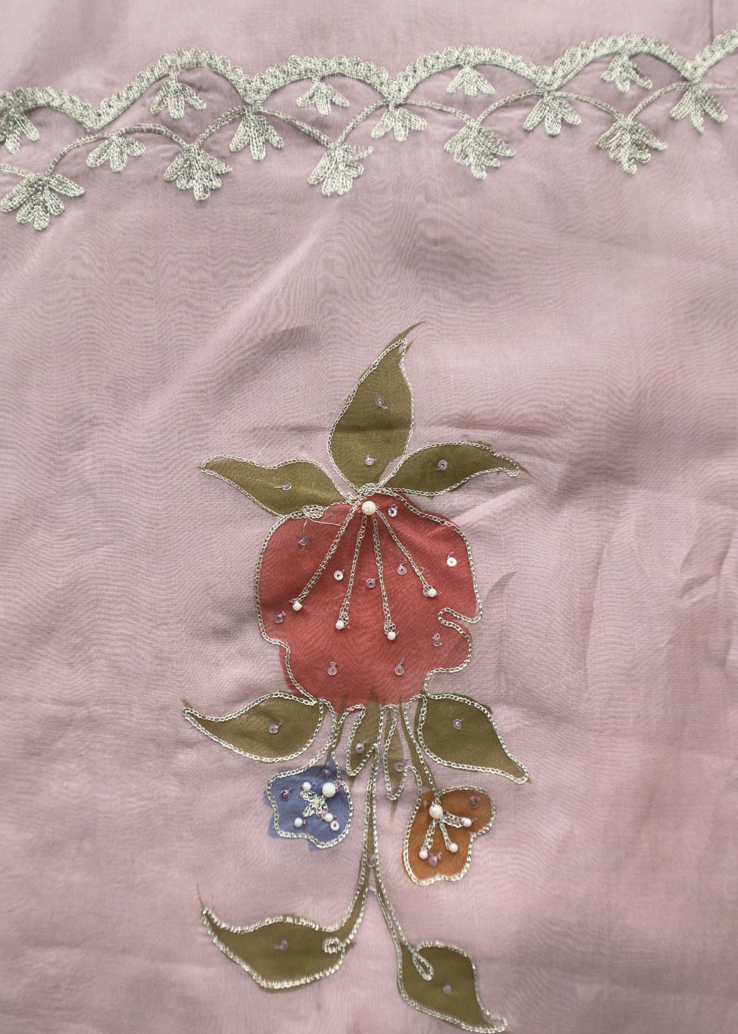 Pink Hand Painted Organza Silk Suit With Dori Embroidered