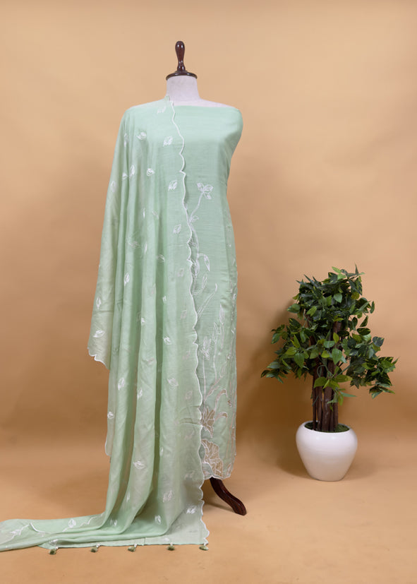 Pastel Pistachio Pure Mulmul Suit Fabric With Gold Tissue Silk Appliqué Work