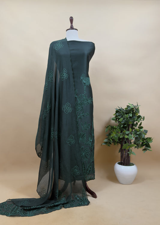 Emerald Green Handloom Silk Suit fabric With French Appliqué And Cut Work