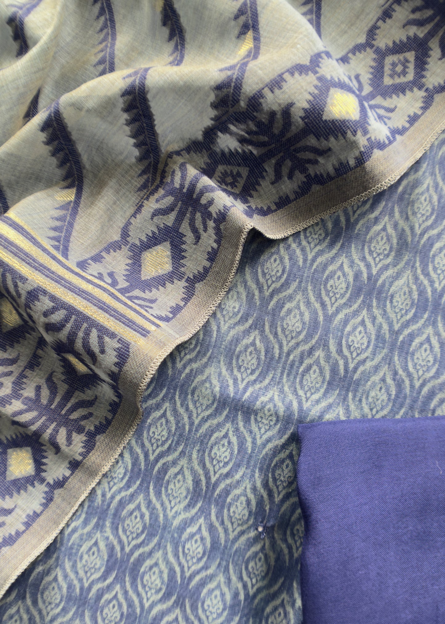 Blue Hand Blocked Print Chanderi Suit Fabric With Jamdani Dupatta
