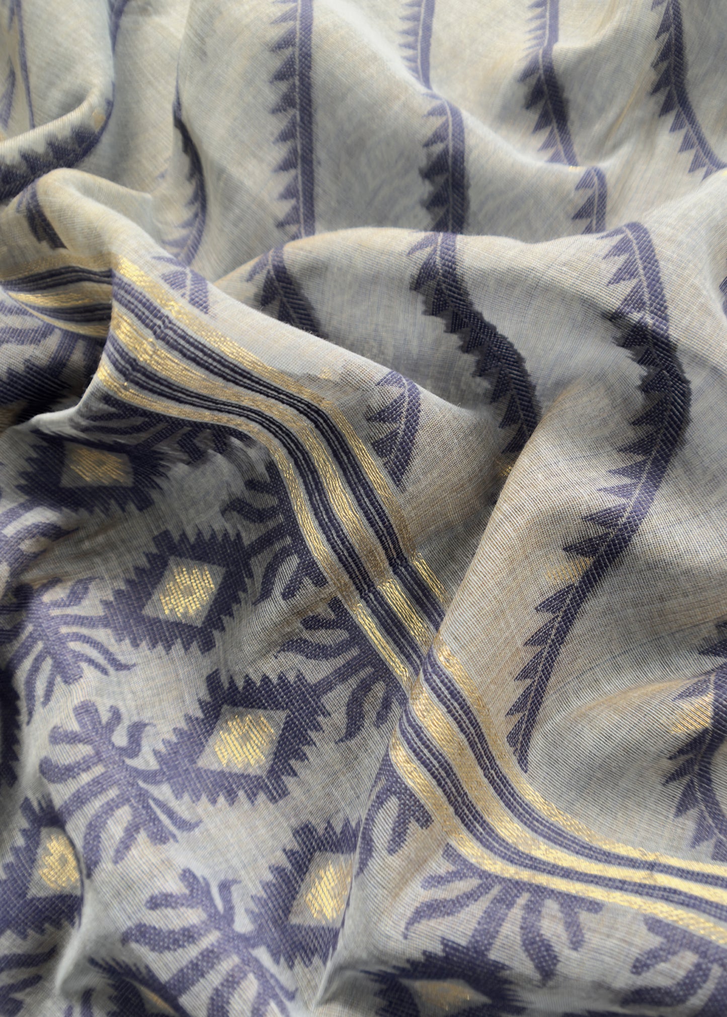 Blue Hand Blocked Print Chanderi Suit Fabric With Jamdani Dupatta