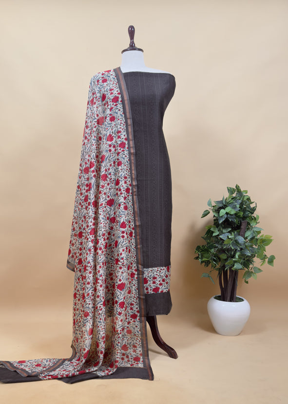 Green Block Print Pure Maheshwari Silk Suit With Floral Print Dupatta
