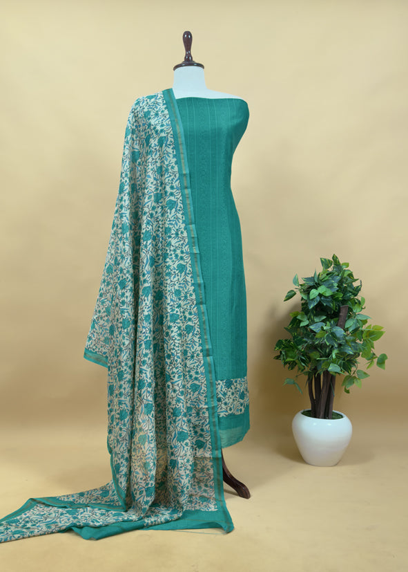 Green Block Print Pure Maheshwari Silk Suit With Floral Print Dupatta