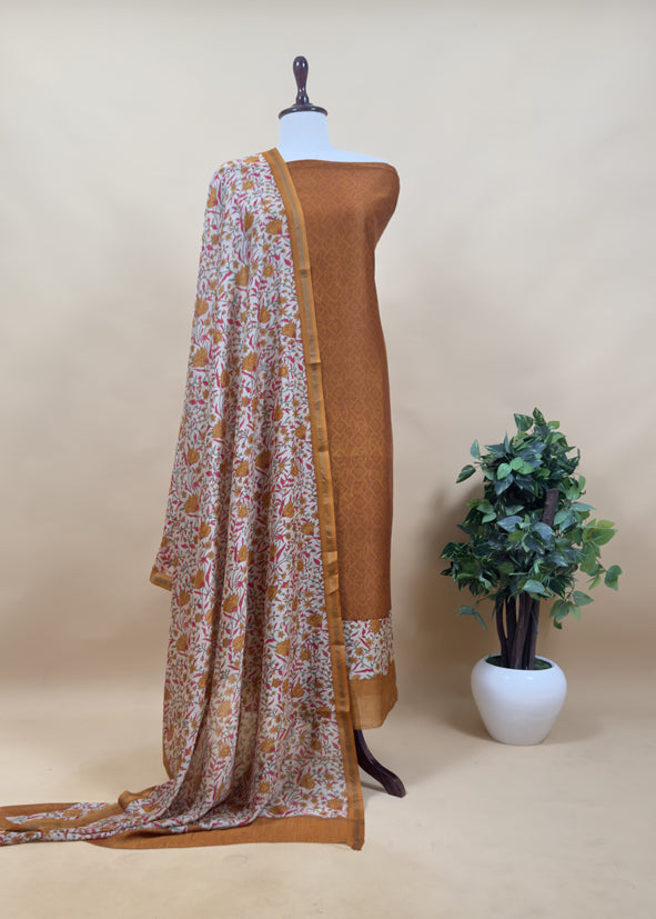 Green Block Print Pure Maheshwari Silk Suit With Floral Print Dupatta