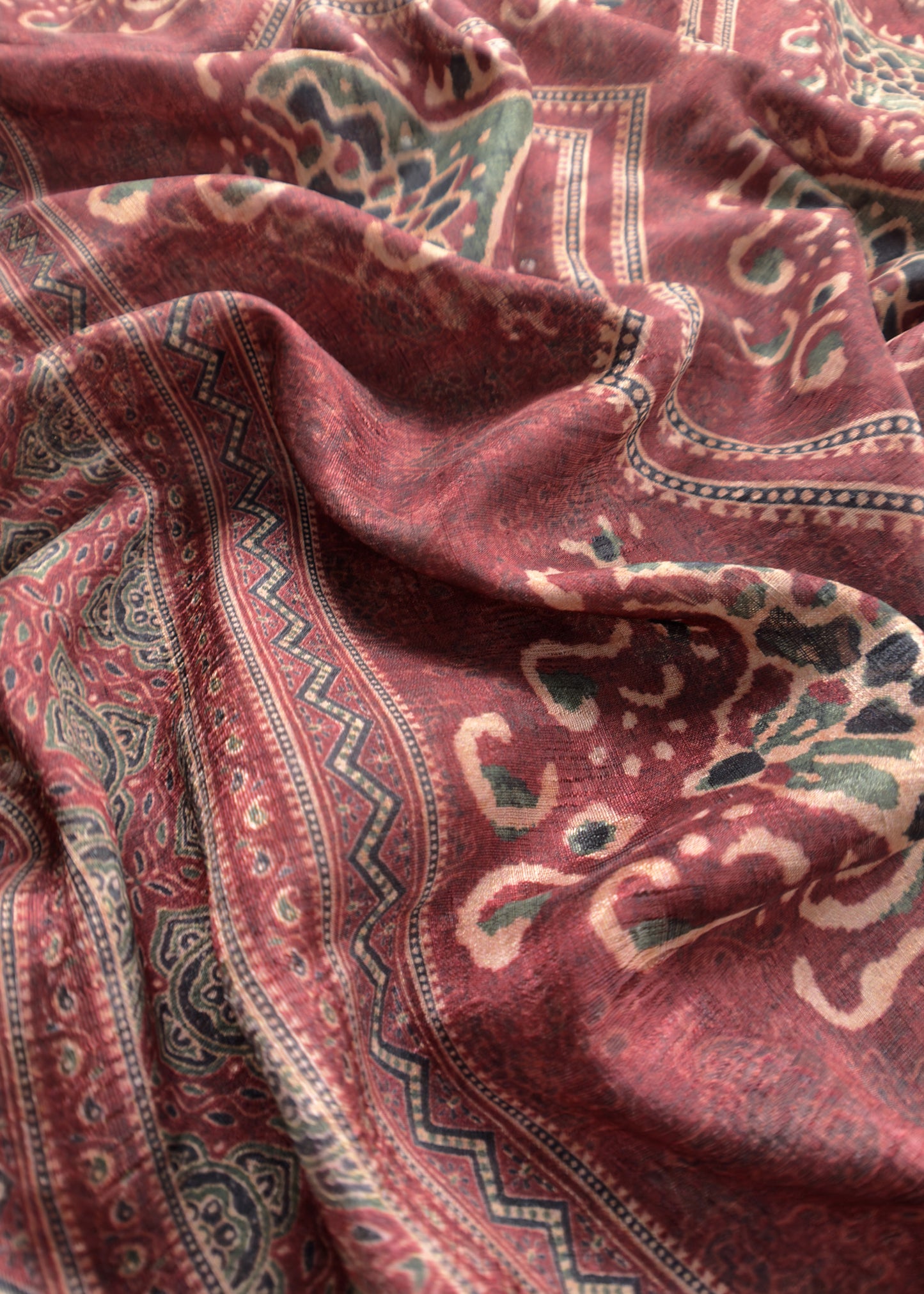 Maroon Unstitched Tussar Suit With Ajrakh Print
