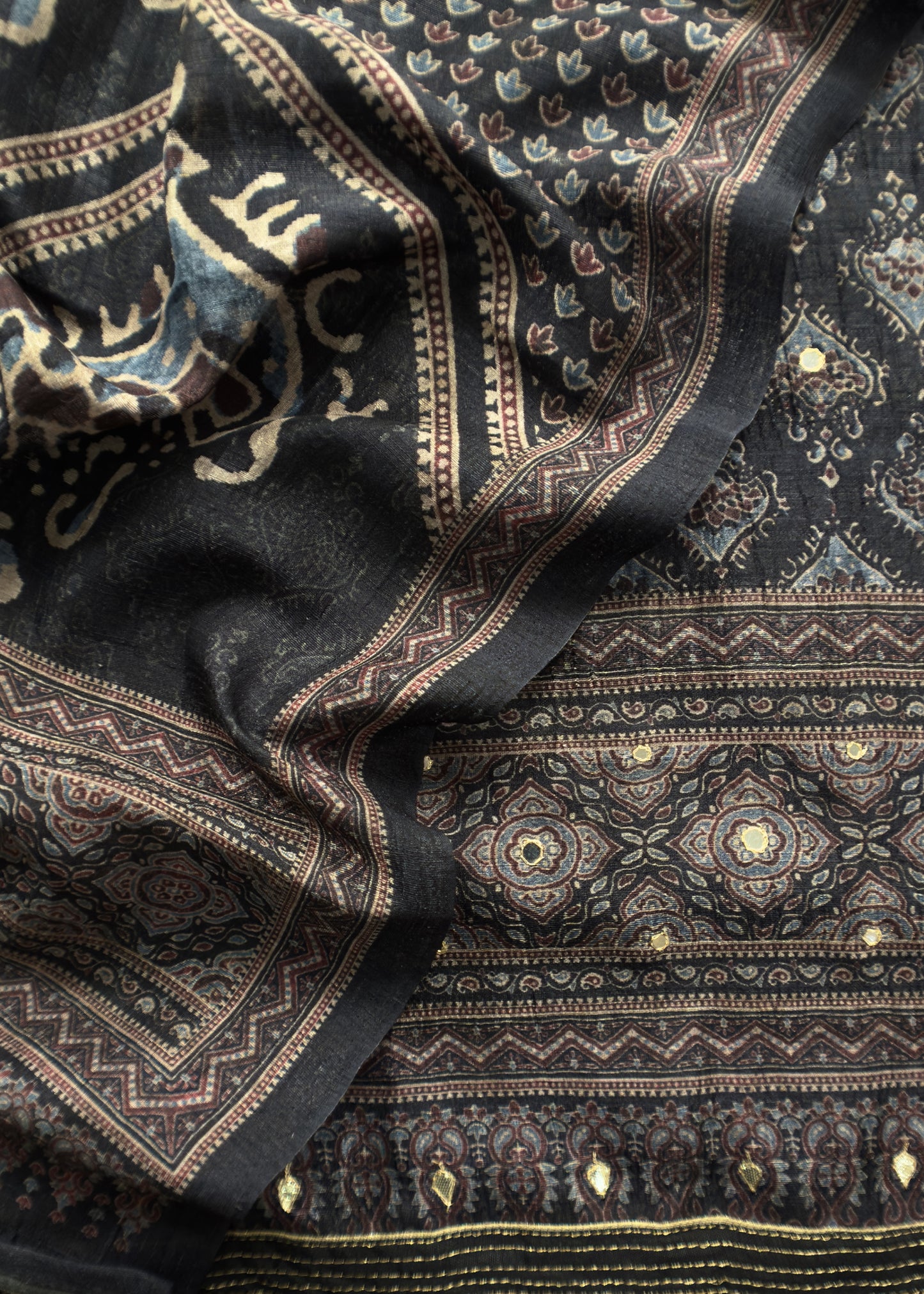 Black Unstitched Tussar Suit With Ajrakh Print