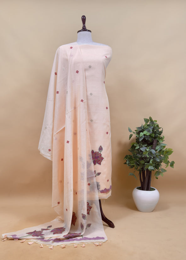 Floral Paradise Jute Linen Suit fabric with shaded Jamdani weaving