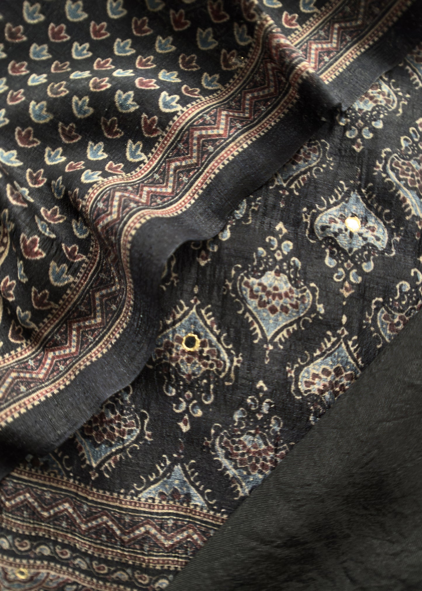 Black Unstitched Tussar Suit With Ajrakh Print