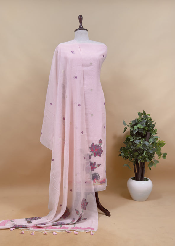 Floral Paradise Jute Linen Suit fabric with shaded Jamdani weaving