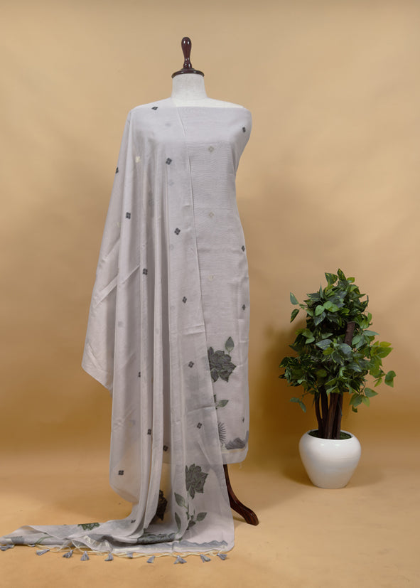 Floral Paradise Jute Linen Suit fabric with shaded Jamdani weaving