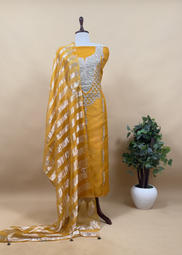 Luxe Deep Pink Organza Silk Suit Fabric And Zari Panel Dupatta With Dori And Gotapatti Handwork