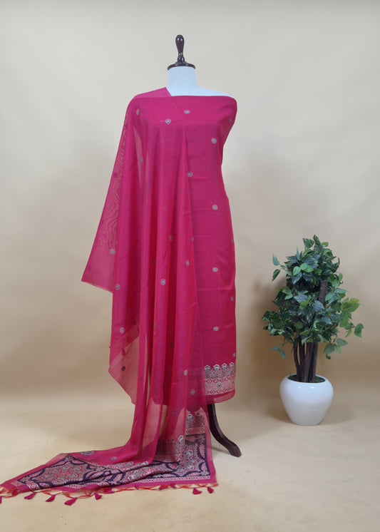 Pink Traditional Linen Chanderi Suit Fabric With Jamdani Weaving
