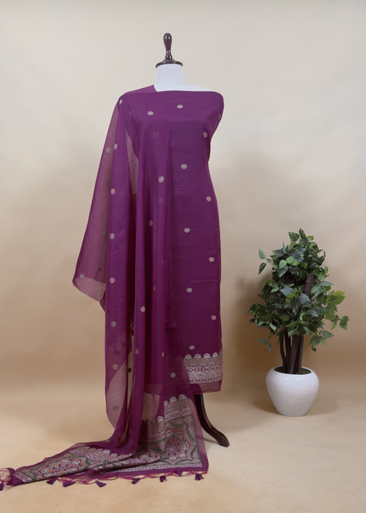 Violet Traditional Linen Chanderi Suit Fabric With Jamdani Weaving