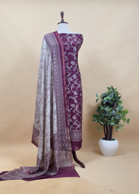 Berry Wine Bandhani Print Pure Maheshwari Silk Suit Fabric With Traditional Deer Dupatta