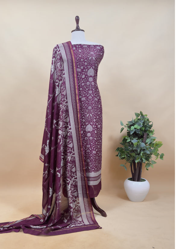Berry Wine Bandhani Print Pure Maheshwari Silk Suit Fabric With Traditional Deer Dupatta