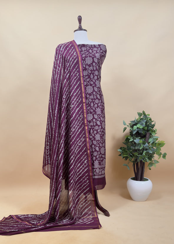 Berry Wine Bandhani Print Pure Maheshwari Silk Suit Fabric With Traditional Deer Dupatta
