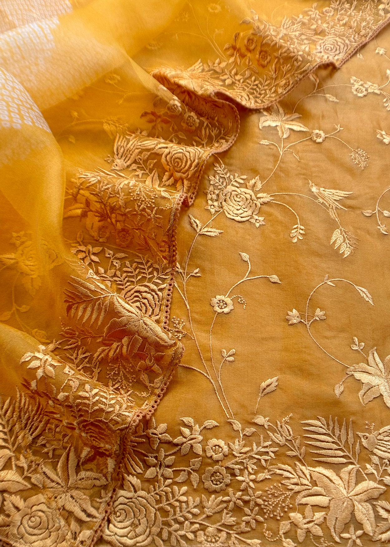 Yellow Embroidered Organza Silk Unstitched Suit With Resham Embroidery Dupatta