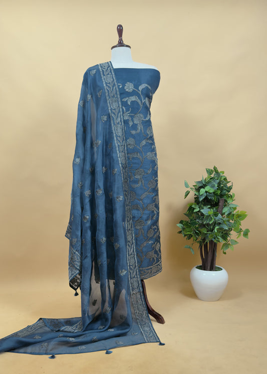 Aegean Blue Pure Organza Silk Suit Fabric With Parsi Tulips Resham Embroidery