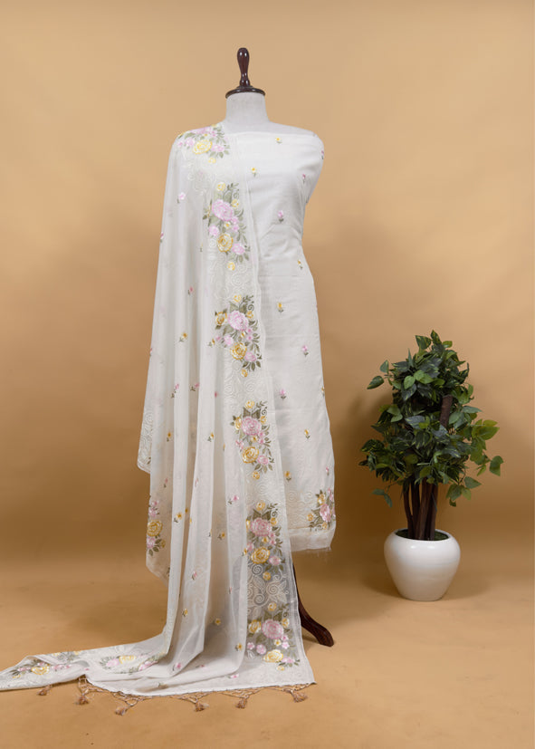 Off-White With Green Pure Mul Banarasi Cotton Suit With Resham Embroidery