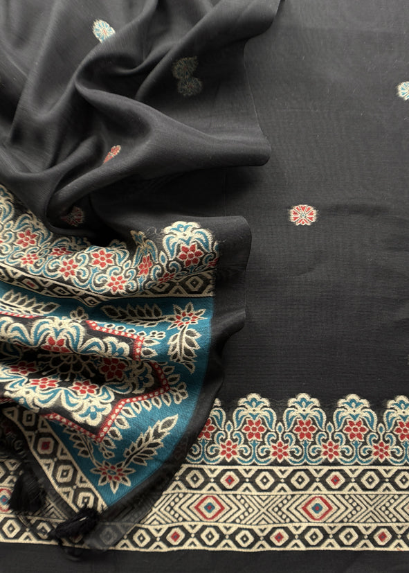 Black Traditional Linen Chanderi Suit Fabric With Jamdani Weaving